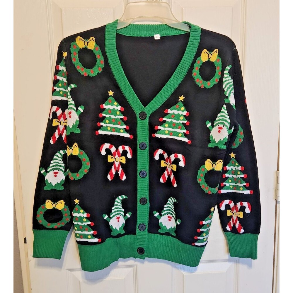 Christmas Gnome Cardigan Sweater Womens Large Black Green Trees Wreaths Candy Ca
